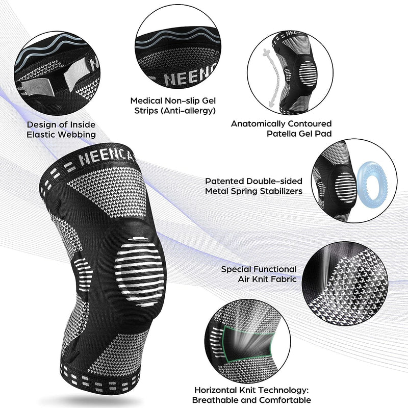 NEENCA Knee Brace for Knee Pain Relief, Compression Knee Sleeve with Patella Gel Pad & Side Stabilizers, Knee Support for Men Women, Meniscus Tear, Arthritis, Joint Pain, ACL, PCL,MCL, Runner, Workout Large Black - BeesActive Australia