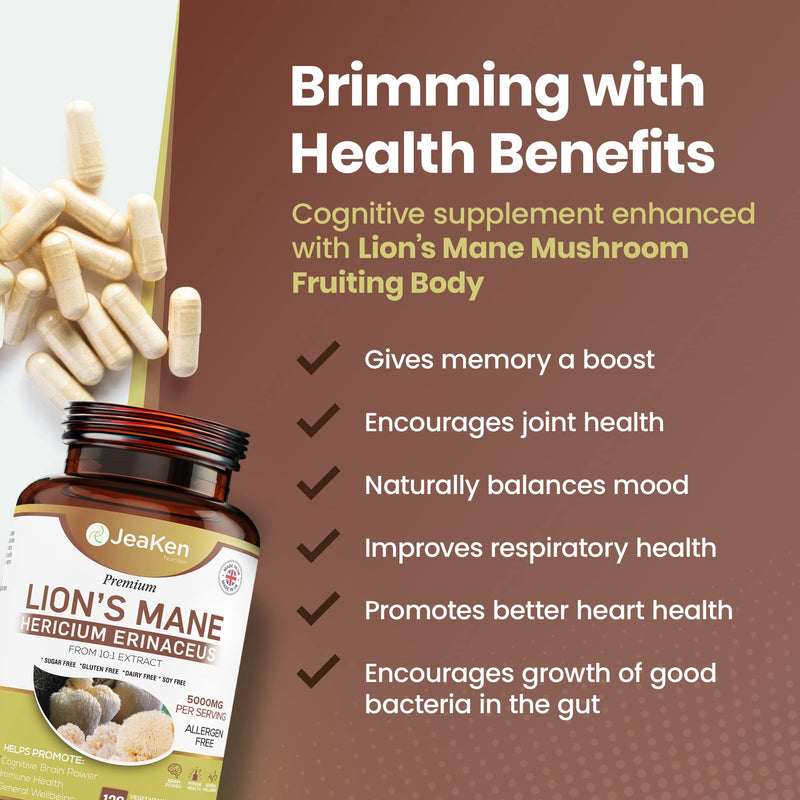 JeaKen - Lions Mane Mushroom, Immune System Booster and Brain Power Supplement, Promotes Cognitive Function and Wellness, 120 Vegan Lions Mane Capsules - BeesActive Australia