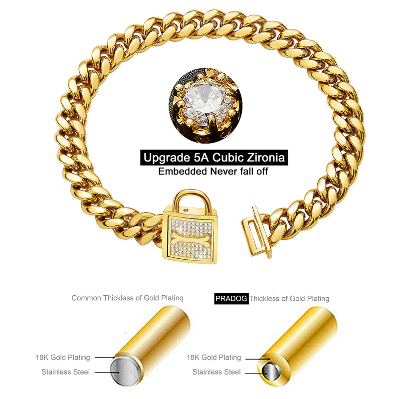 PRADOG Chain Dog Collar with Zirconia Locking 12mm 18K Gold Cuban Link Chain Metal Stainless Steel Dog Walking Puppy Collar Luxury Dog Bling Necklace for XSmall, Small, Medium, and Large Dogs 16" (Fixs Neck 14" to 15.5") - BeesActive Australia