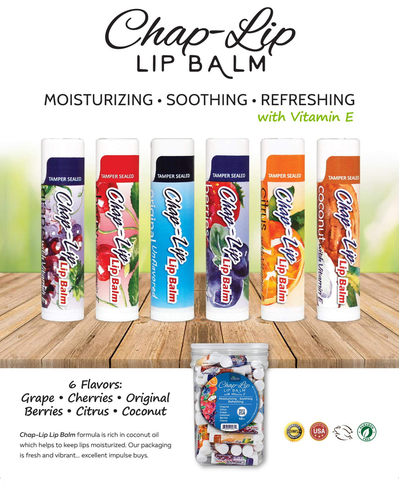 Chap-Lip Vitamin E Lip Balm with Coconut Oil - Lip Moisturizer Treatment - Moisturizing, Soothing, Refreshing, Total Hydration Treatment & Lip Therapy - Assortment of 6 Refreshing Flavors, 48 Count - BeesActive Australia