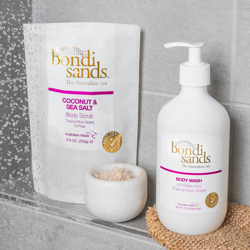 Bondi Sands Tropical Rum Coconut & Sea Salt Body Scrub | Oil-Free Formula Gently Exfoliates + Removes Impurities with Coconut Husk & Walnut Shell, Self Tan Friendly, Vegan + Cruelty Free | 250g/8.8 Oz - BeesActive Australia