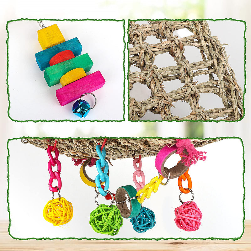 Bird Swing Toys, Bird Foraging Wall Toy, Seagrass Woven Hammock Swing Mat with Colorful Ropes Wooden Chew Toys for Lovebirds, Parakeets, Conures, Cockatiels - BeesActive Australia