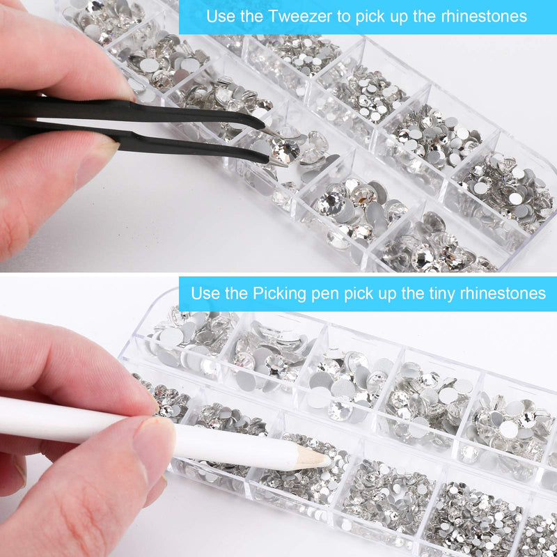2000PCS Clear Round Crystal Rhinestones, 6 Size Non-Self-Adhesive Flat Back Gemstone with Tweezers and Picking Rhinestones Pen for Crafts Nail Art Eye Makeup Clothes Shoes Bags DIY Decoration - BeesActive Australia