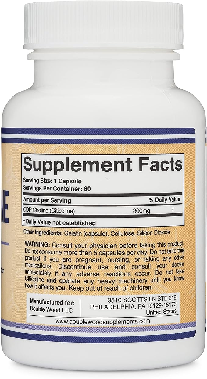 Double Wood Supplements CDP Choline (Citicoline) Supplement, Made in the USA (60 Capsules 300mg) - BeesActive Australia