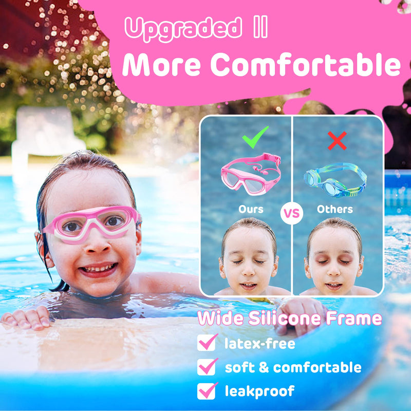 Vvinca Kids Swim Goggles for Kids 3-12, 2022 Upgraded Design with Ear&Nose Plug, Wide View Anit-Fog No Leak Water Pool Goggle 1 Pack Pink - BeesActive Australia
