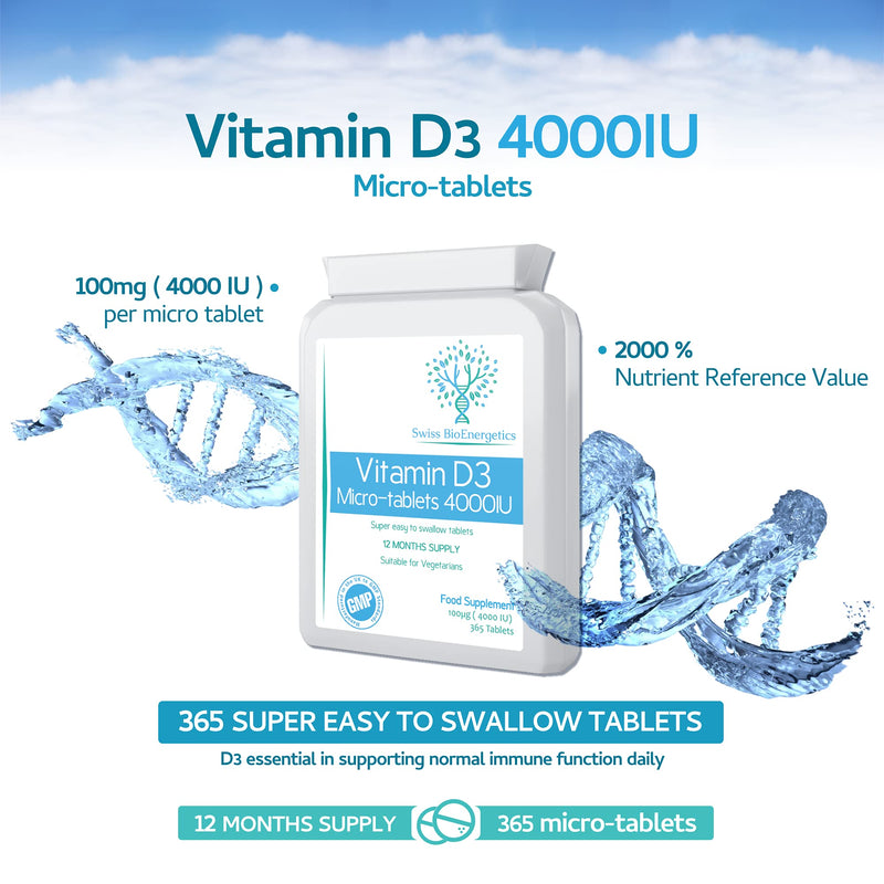 Vitamin D3 100µg ( 4000 IU ) 365 Micro-Tablets – one-a-Day Easy to Swallow high Strength Tablets – Exclusively Manufactured in The UK - BeesActive Australia