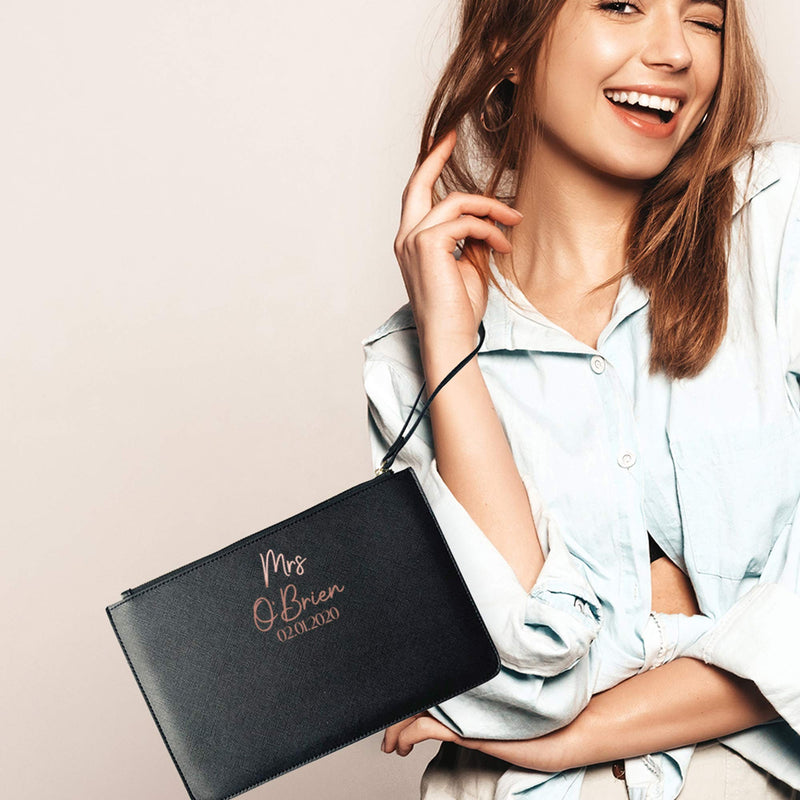 Womens Custom Mrs & Wedding Date Clutch Bag - Personalised Wedding Gifts for Bride - Birthday Present Personal, One Size, Black - BeesActive Australia