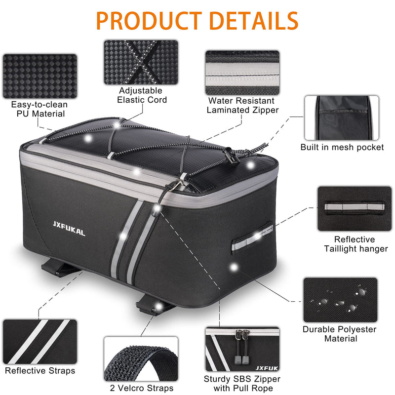 JXFUKAL Rear Bike Rack Bag with Rain Cover, 7L/10L Waterproof Bicycle Ebike Saddle Bag Cycling Pannier Trunk Carrier with Reflector & Adjustable Cord for Commuter Travel Outdoor Large-10L - BeesActive Australia