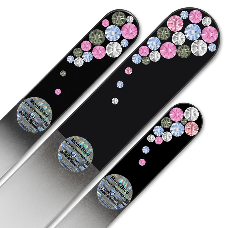 Set of 3 Glass Nail Files Hand Decorated with Swarovski Elements, in Black Velvet Sleeve, Genuine Czech Tempered Glass, Hand-Made Crystal Nail Files Light Sapphire - BeesActive Australia