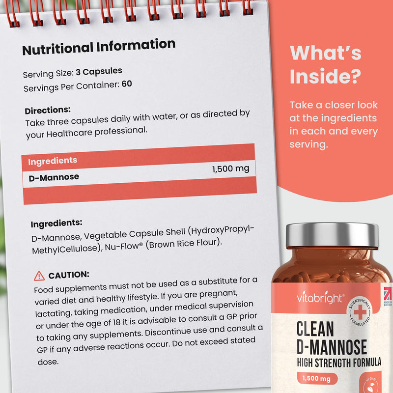 D-Mannose Capsules - High Strength 1500mg per Serving of 3 Capsules - 180 Capsules (60 Day Supply) - Contributes to Healthy Urinary Tract & Bladder - Natural Ingredients - Made in UK by VitaBright 180 Count (Pack of 1) - BeesActive Australia