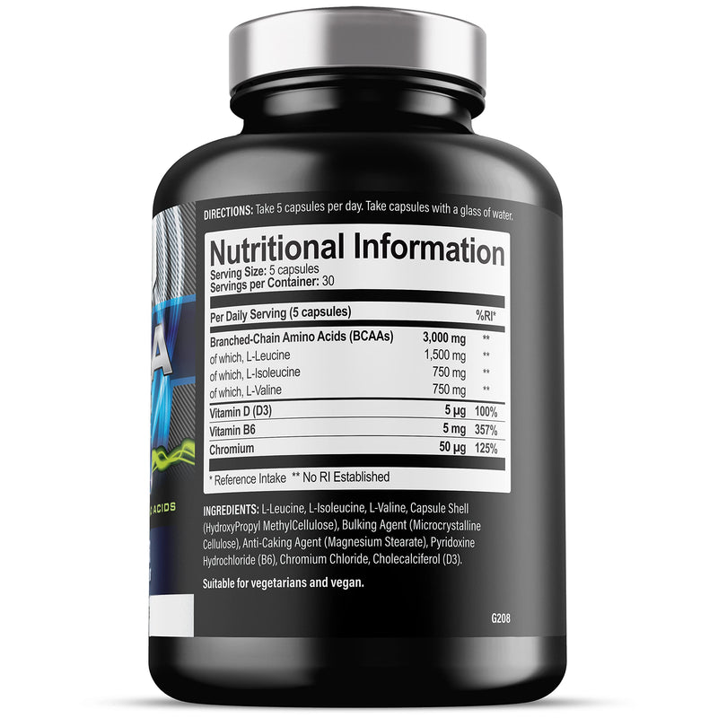 BCAA 3000mg - 2:1:1 BCAA Capsules - BCAAs (150 Capsules) - 3000mg BCAAs per Serving - BCAA Amino Acids - 30 Servings - Suitable for Vegans & Vegetarians (150 Count (Pack of 1)) 150 Count (Pack of 1) - BeesActive Australia