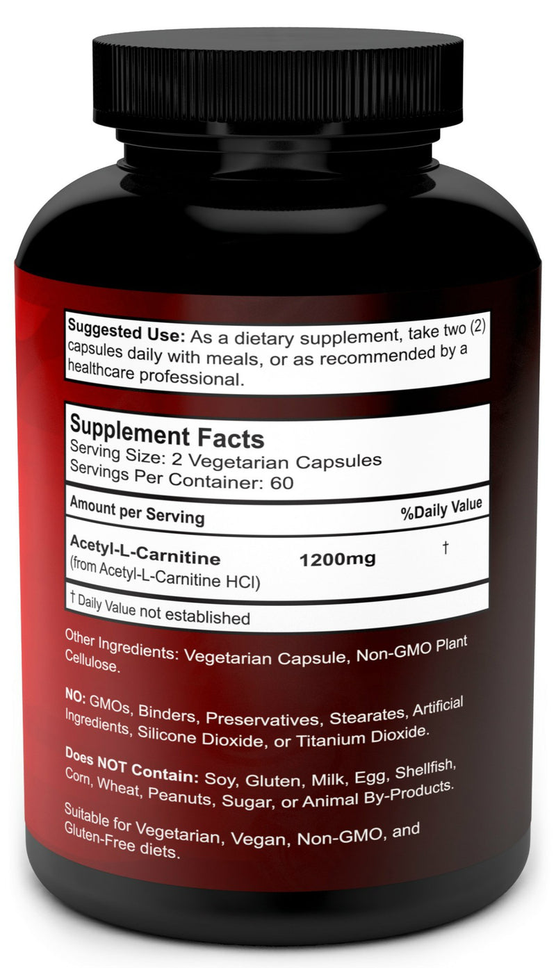 Acetyl L-Carnitine Capsules 1200mg Per Serving - L Carnitine Supplement 120 Vegetarian Capsules 1 - BeesActive Australia