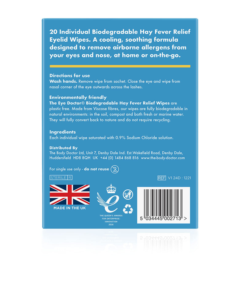 The Eye Doctor Hay Fever Relief Eyelid Wipes - 20x Single Use Eye Wipes for Allergy & Hayfever - Inflammation, Watery Itchy Eyes, Headaches & Migraines - Cooling Soothing Relief 20 Count (Pack of 1) Allergy Wipes - BeesActive Australia