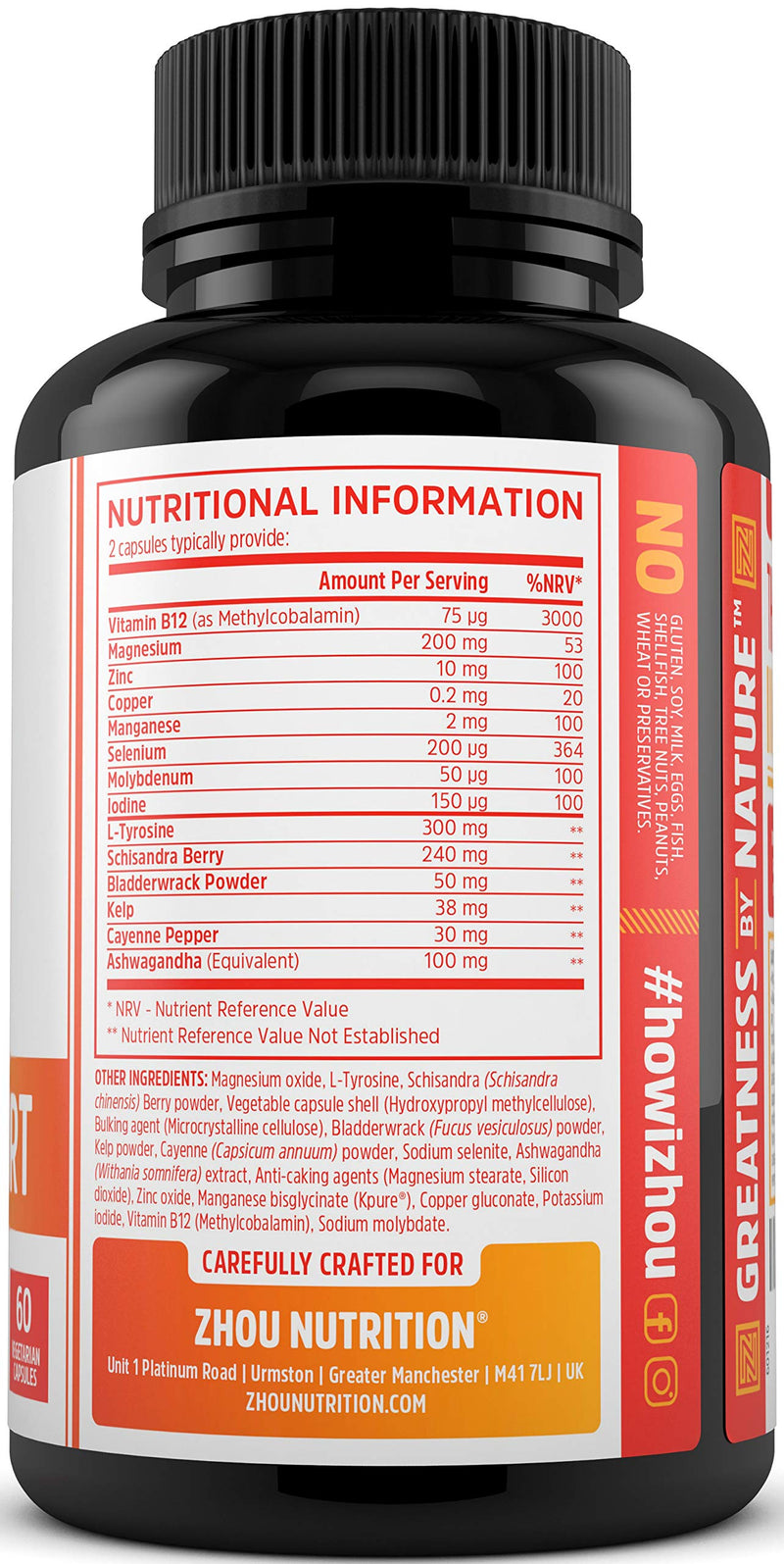 Thyroid Support - Advanced Complex with Iodine, Magnesium, Vitamin B12, L-Tyrosine, Ashwagandha, Schizandra & Cayenne - Contributes to The Reduction of Tiredness & Fatigue - 90 Vegan Capsules - BeesActive Australia