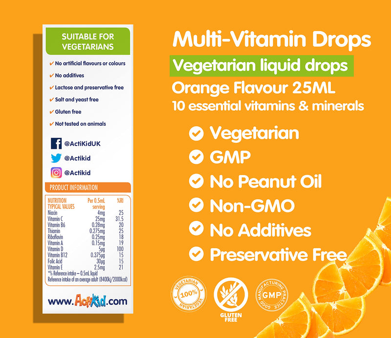ActiKid Multi-Vitamin Drops 25ml, Gelatine Free (Vitamin Drops for Babies, Infants and Children), Immunity Boost - BeesActive Australia