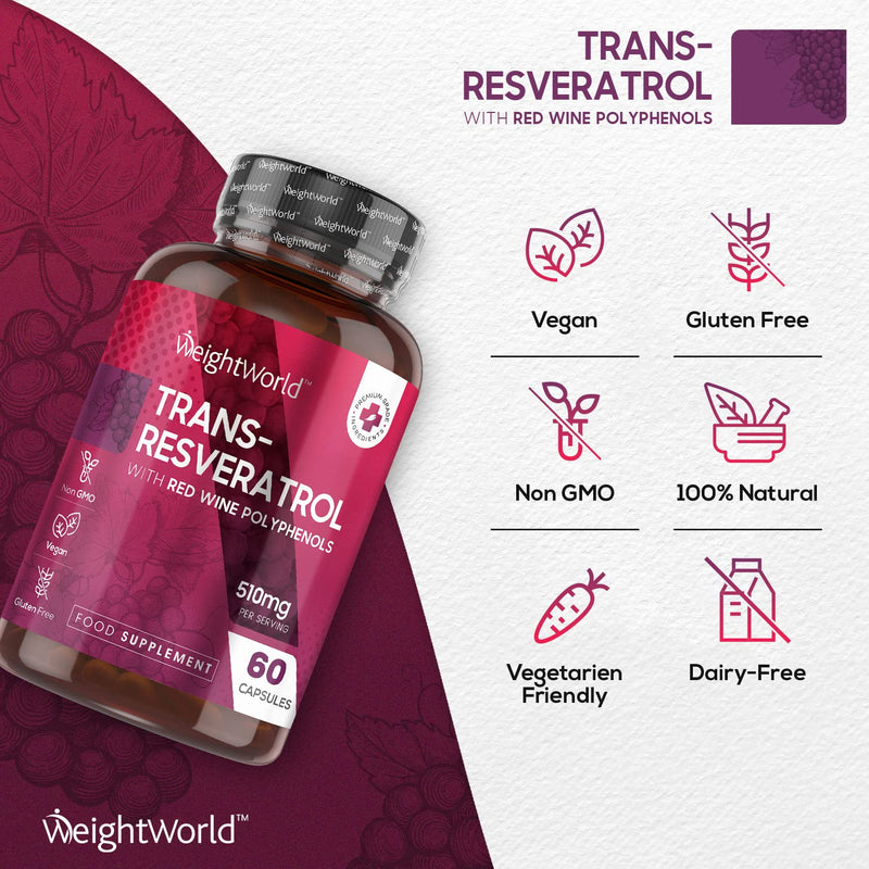 Resveratrol Supplements 510mg - 60 Capsules -Trans Resveratrol (from Knotweed) Skin Supplements - Black Pepper Extract & Red Wine Polyphenol from Grape Skin Extract - Vegan Resveratrol Powder Capsule - BeesActive Australia