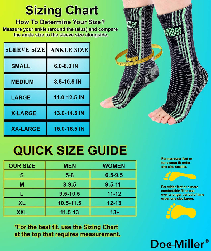 Doc Miller Ankle Compression Sleeve For Achilles Tendonitis & Plantar Fasciitis Relief, Recover Sports Injury and foot Joint Swelling - 1 Pair Large Green Color 20-30 mmHg Toeless Foot Compression Sleeve - BeesActive Australia