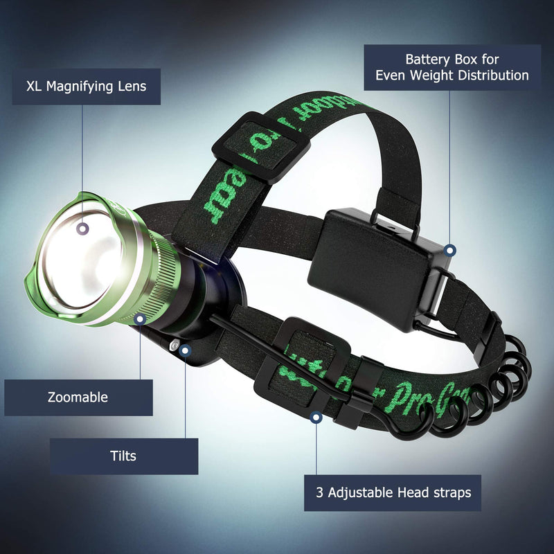 Outdoor Pro Gear Led Headlamp Flashlight [3-AA Batteries Included] Super Bright Zoomable Spotlight Head Lamp for Caving Hunting Hiking Camping. for Men and Women. Emergency Supplies (Green) Nature Green - BeesActive Australia