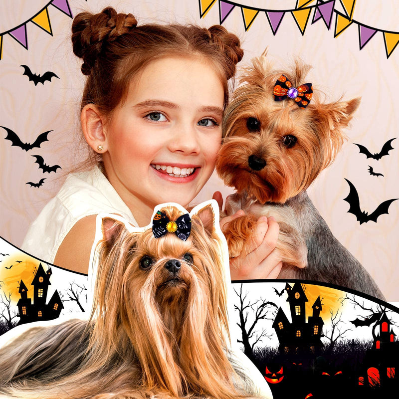 Tondiamo 100 Pack Halloween Dog Hair Bows with Rubber Bands Halloween Puppy Bows Rhinestone Dog Bows Grooming with Bat Ghost Dog Hair Accessories for Small Girl Dogs (Ghost Pattern) - BeesActive Australia