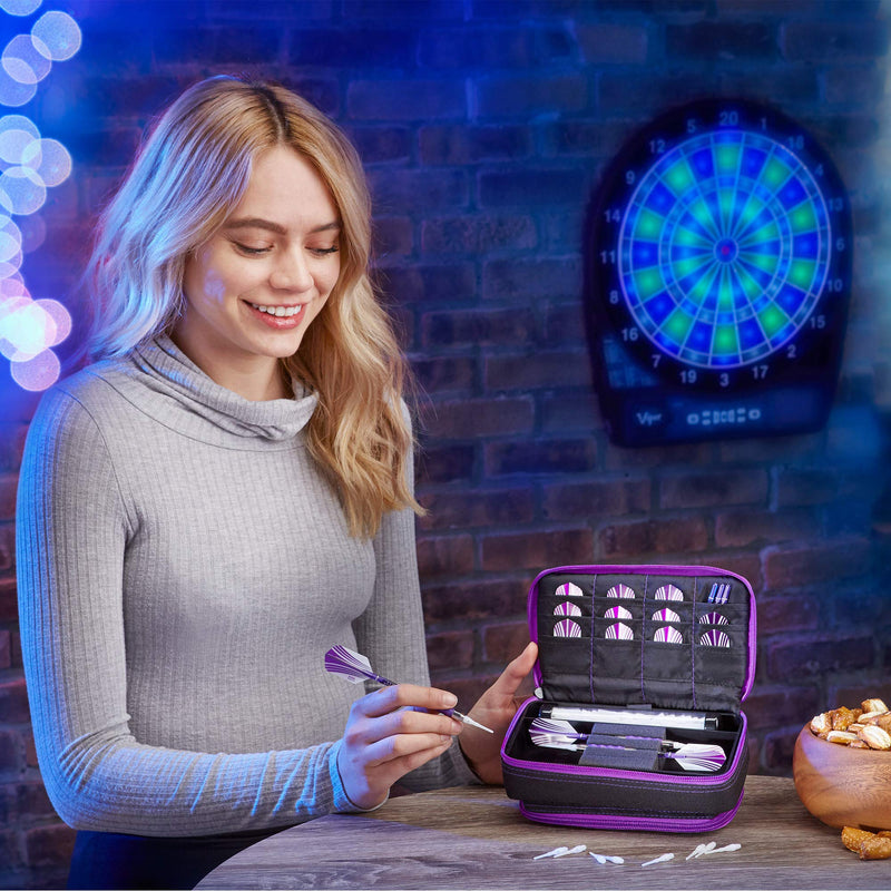 [AUSTRALIA] - Casemaster Plazma Plus, 3 Dart Case for Soft and Steel Tip Darts Features Large Front Mobile Device Pocket, Built-in Storage Tube and Pockets for Flights, Tips, Shafts, and Personal Items Amethyst Trim 