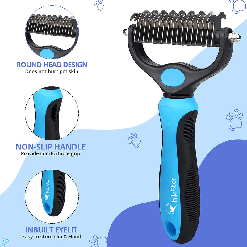 Hikster Undercoat Rake for Dogs & Cats with Pet Comb, Pet Grooming Brush, Double-Sided Dog Deshedding Tool Removes Knot & Tangled Hair, Dematting Comb for Dogs with Dog Comb for Grooming (Set, Blue) - BeesActive Australia