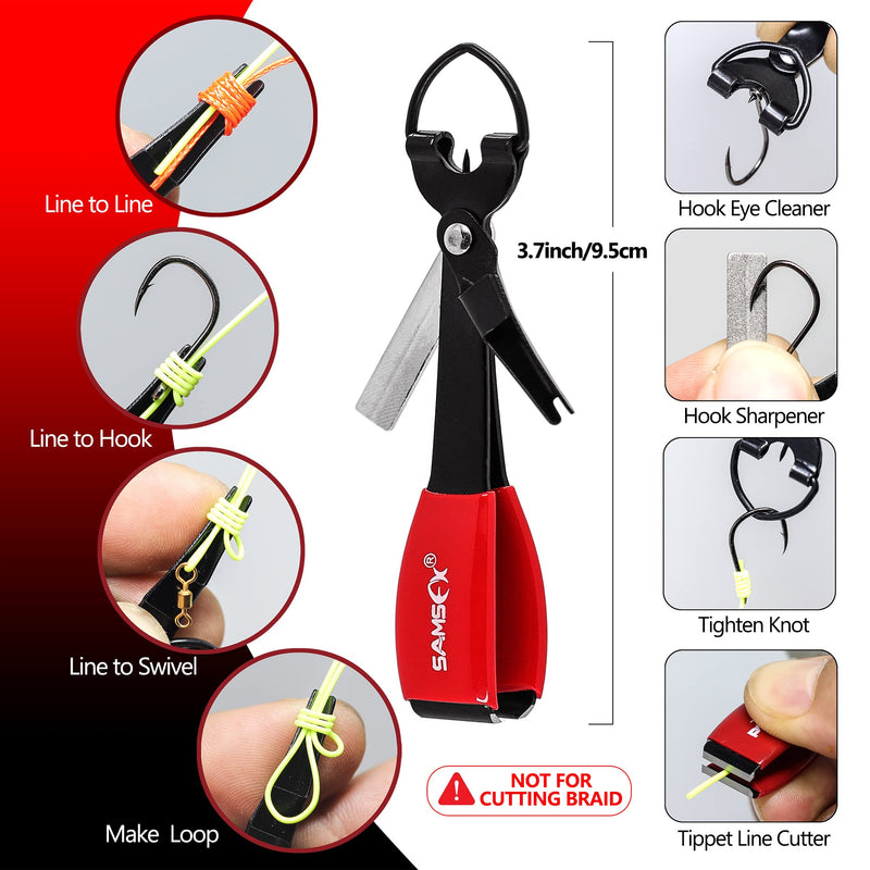 SAMSFX Fly Fishing Knot Tying Tools Quick Knot Tool for Fishing Hooks, Lures, Flies, Trout Line Backing, Come with Zinger Retractors 2sets Black Knot Tool(Red Grip) & Carabiner Zinger - BeesActive Australia