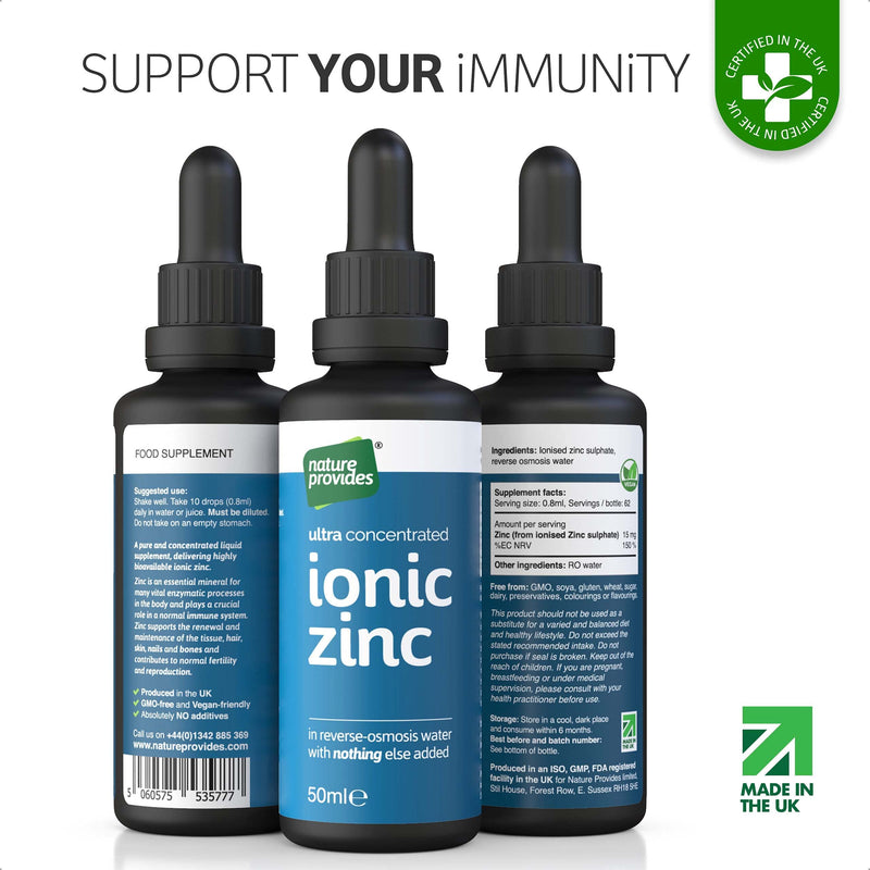Ionic Zinc Sulphate Liquid Ultra Pure and Concentrated - 50ml (10 Drops = 15mg) Immune and Fertility Support, Skin, Hair and Nails. Vegan raw zinc. Superior to vimergy and eidon zinc (Made in The UK) - BeesActive Australia