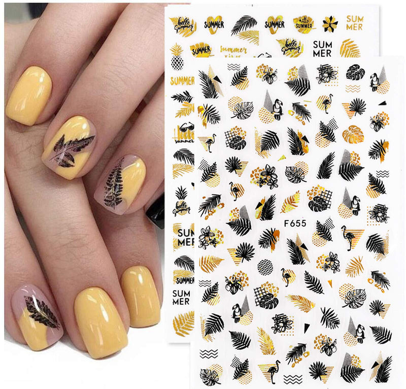 8 Sheets 3D Laser Nail Stickers Luxury Summer Design Gold Black Leaf Self-adhesive Nail Decals for Women Teens Nail Art Decoration (Gold-Black) Gold-black - BeesActive Australia