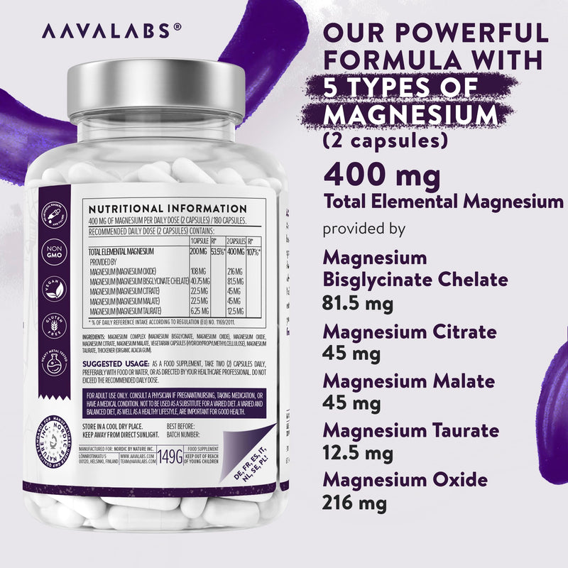 Magnesium Complex [400 mg Elemental Magnesium] - with Magnesium Citrate, Magnesium Malate, Magnesium Glycinate Chelated, Taurate & Oxide - Magnesium Supplements for Women and Men - 180 Capsules - BeesActive Australia