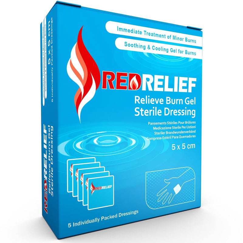 Pack of 5 RedRelief Emergency 5x5cm Burn Dressing - Cools, soothes and relieves Pain - BeesActive Australia
