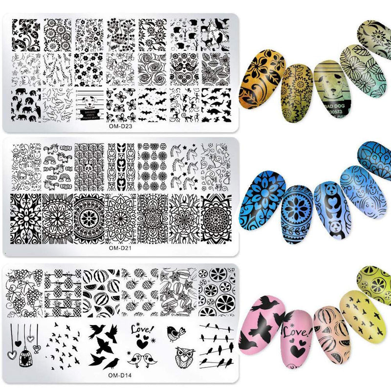 Nail Stamping Plate Kit, 5pc Flower Animal Heart Bird Owl Image Nail Art Stamping Plate Template AB Crystal Nail Rhinestone Glitter with Clear Nail Stamper & Scraper (Mixed Design) Mixed Design - BeesActive Australia