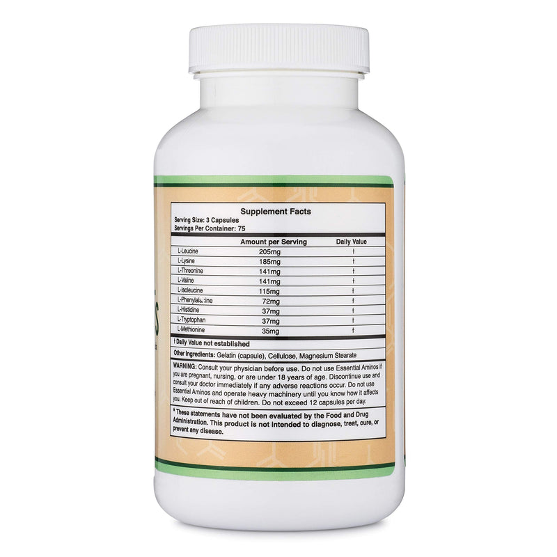 Essential Amino Acids - 1 Gram Per Serving Powder Blend of All 9 Essential Aminos (EAA) and all Branched-Chain Aminos (BCAAs) (Leucine, Isoleucine, Valine) 225 Capsules by Double Wood Supplements - BeesActive Australia