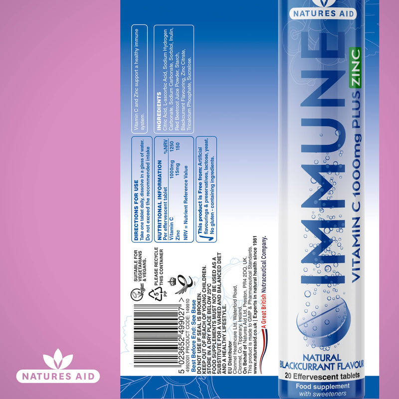 natures aid Immune Effervescent with Zinc & Vitamin C, Natural Blackcurrant Flavour, 20 Tablets, Pack of 1 Immune Effervescent, 20 Tablets - BeesActive Australia