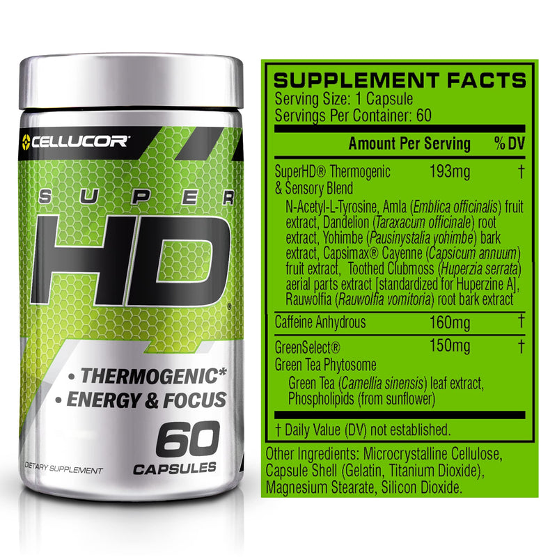 Cellucor Super HD for Men & Women - Enhance Focus and Increase Energy - Capsimax, Green Tea Extract, 160mg Caffeine & More 60 Servings - BeesActive Australia