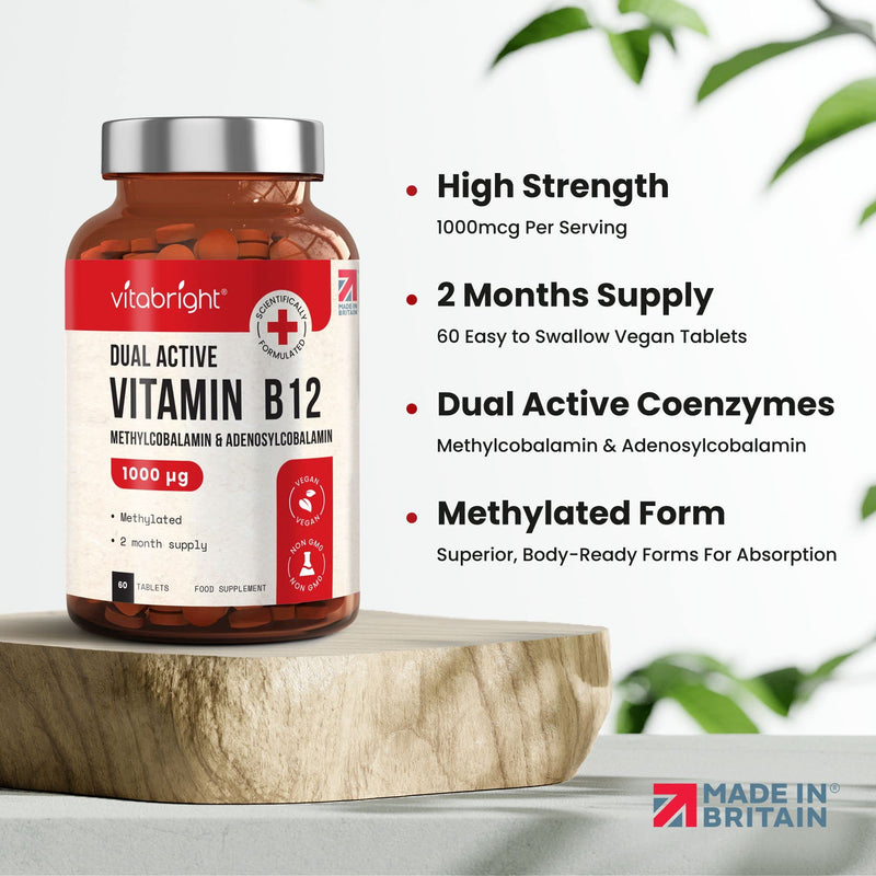 Vitamin B12 Tablets - 1000mcg High Strength - Dual Active Methylcobalamin and Adenosylcobalamin - 60 Tablets (2 Month Supply) - for Immune System, Brain and Energy - Vegan - Made in UK by VitaBright 60 Count (Pack of 1) - BeesActive Australia