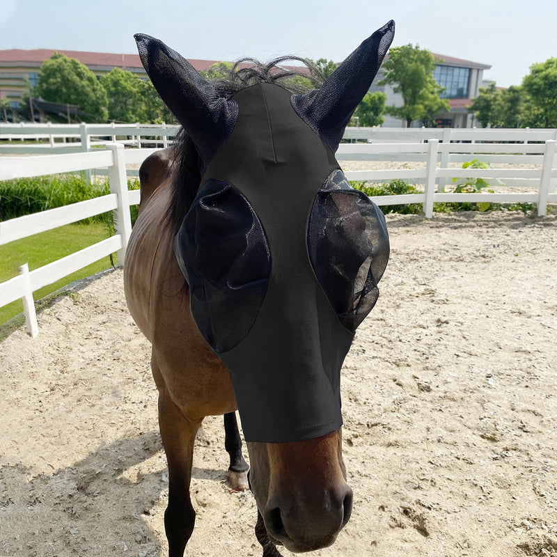 2 Pieces Horse Fly Mask, Horses Mask with Ears and Long Nose Protection, Smooth & Elasticity Lycra Fine Mesh Horse Head Cover with UV Protection Black,Gray L - BeesActive Australia