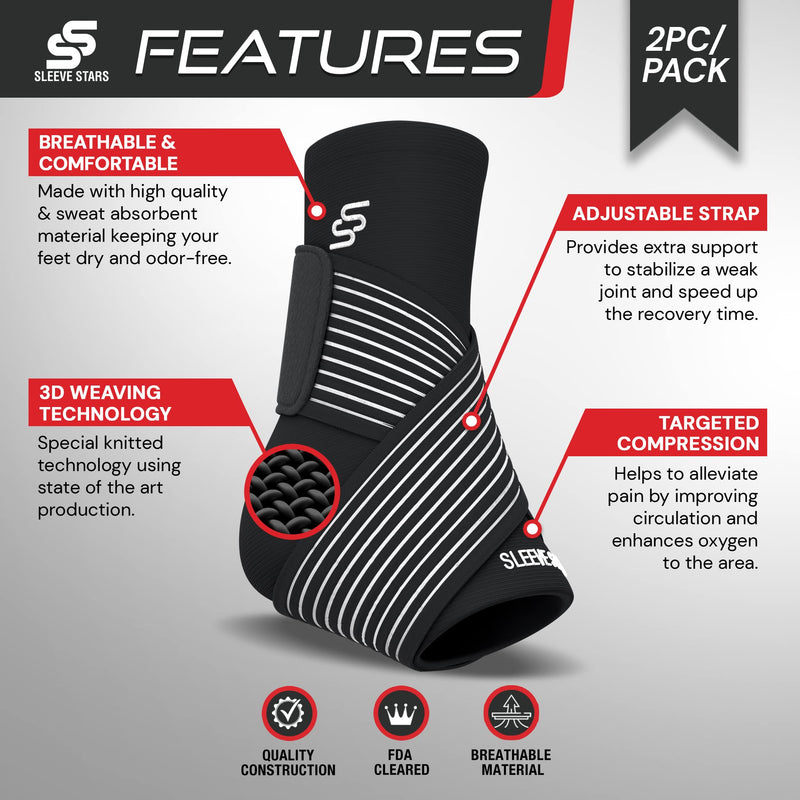 Sleeve Stars Ankle Braces for Plantar Fasciitis Relief, Ankle Wrap & Ankle Support for Women & Men w/Foot Strap for Sprained Ankle & Heel Protectors Sleeve, Heel Brace for Heel Pain (Pair/Black) - BeesActive Australia