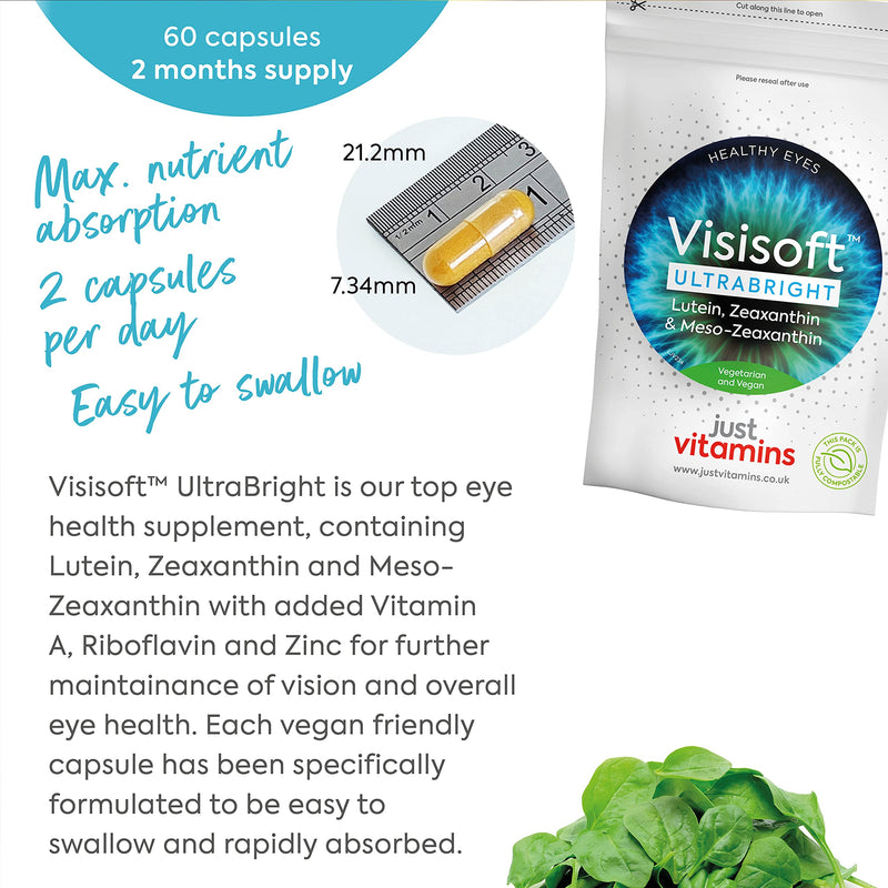 Visisoft� UltraBright 10mg Lutein, 2mg Zeaxanthin & 10mg Meso-Zeaxanthin Macular, Eye Health + Vision Complex Eye Care Supplement with Vitamin A, Riboflavin & Zinc x60 Capsules UK Made - BeesActive Australia