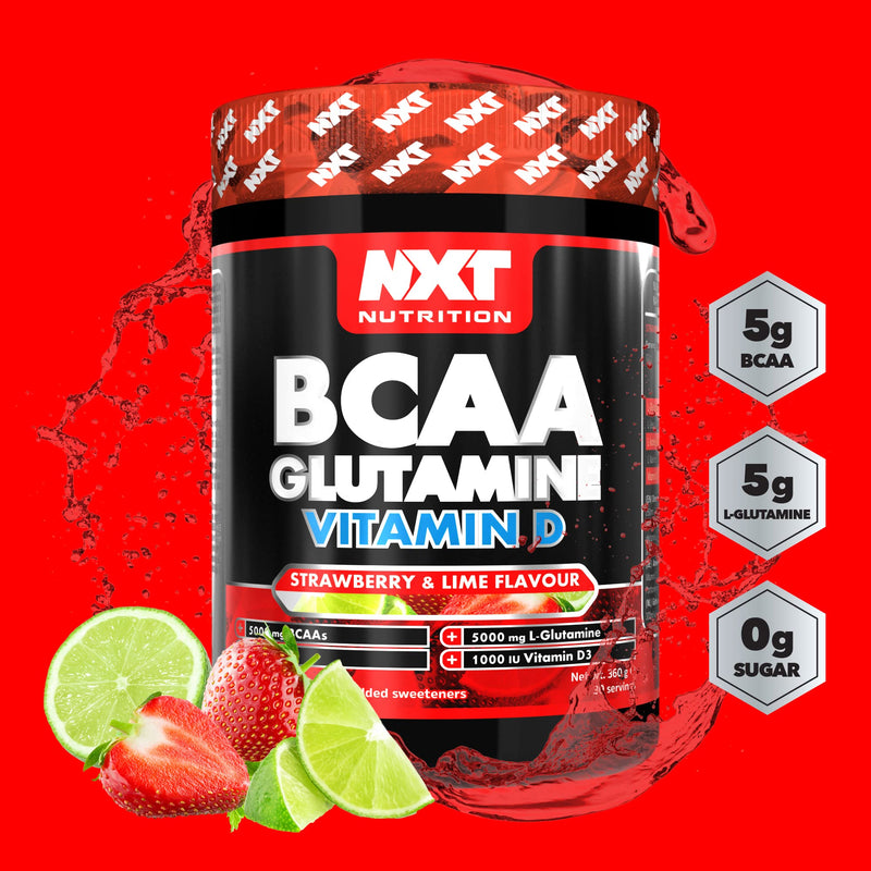 NXT Nutrition BCAA, Glutamine & Vitamin D | BCAAs Amino Acids with Vitamin D3 and L-Glutamine - for Recovery, Gut Health and Muscle Protein Synthesis | 360g - 30 Servings (Strawberry Lime) - BeesActive Australia