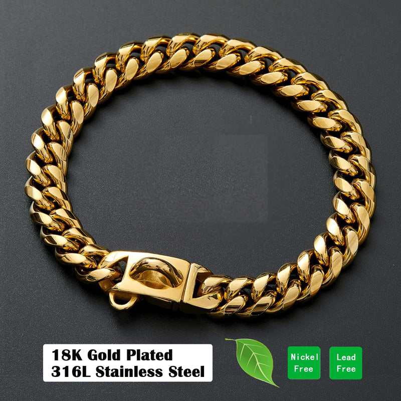 Strong Stainless Steel Gold Dog Collars with Safety Buckle Lock,14MM Cuban Link Chain Training Collar,Dog Necklace Walking Collar for Small Medium & Large Dogs 18 Inch - BeesActive Australia
