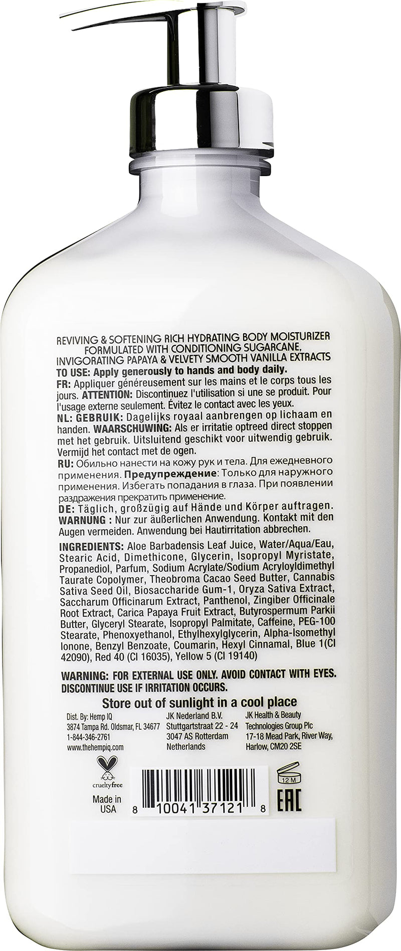 HEMP IQ Sweet Vanilla Sugar Body Moisturizer | 100% Pure Hemp Seed Oil | Ultra-Hydrating Daily Moisturizer 18.25 oz. - BeesActive Australia