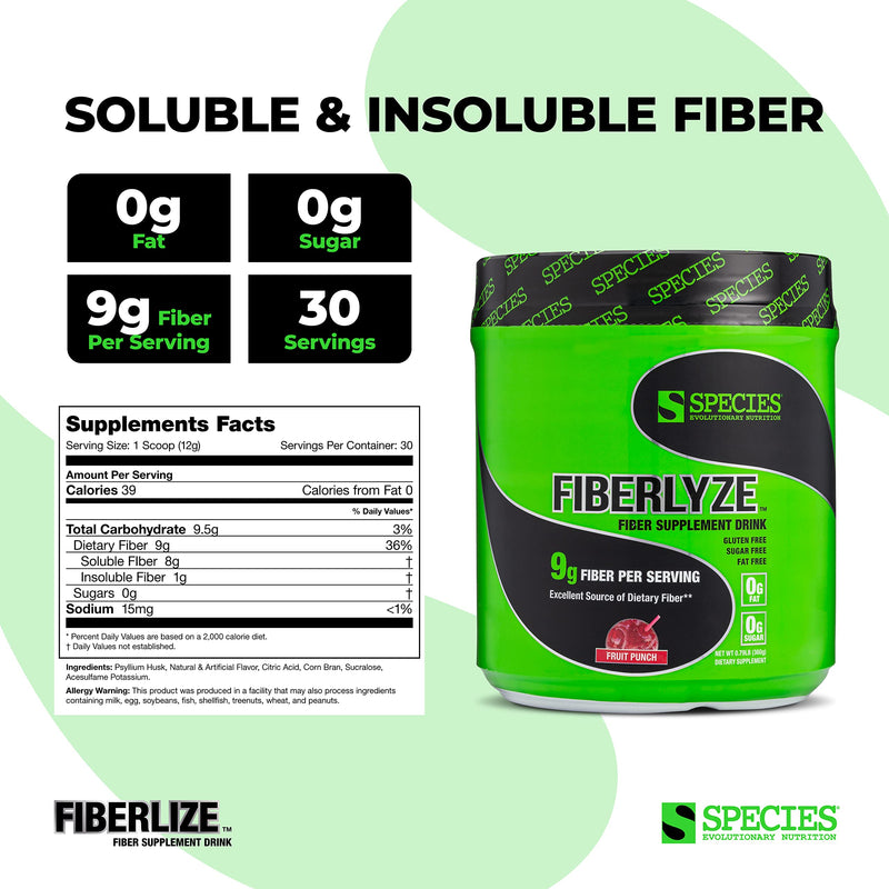 Species Nutrition Fiberlyze Fiber Supplement, Psyllium Based Soluble & Insoluble Fiber Powder for Healthy Colon, Digestive Functions (Fruit Punch, 30 Servings) Fruit Punch - BeesActive Australia
