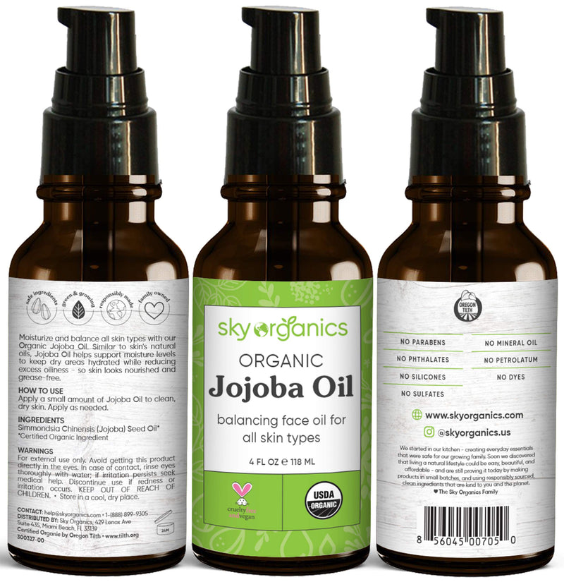 Organic Jojoba Oil by Sky Organics (4 fl oz) USDA Organic 100% Pure and Cold-pressed Unrefined Jojoba Oil for Oily and Dry Skin Hair and Nails Balancing Face Oil Non-Greasy Moisturizer - BeesActive Australia