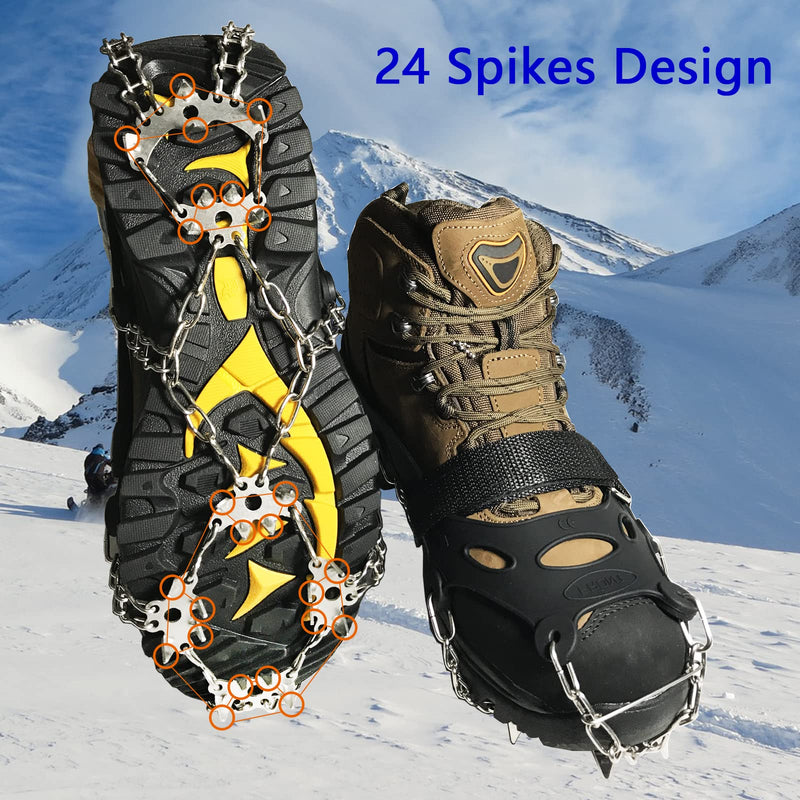 TENSPAL Crampons Traction Ice Cleats Grippers Shoe Ice Snow Grips Slip-on Stretch Footwear for Hiking Walking Climbing Fishing Jogging with 10 Steel Studs Anti-Slip Microspikes Stainless Steel Spikes 24 Teeth Black Large - BeesActive Australia