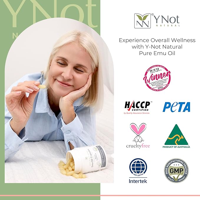 Y Not Natural 100% Pure Emu Oil Capsules 1000mg (100 Capsules) | Dietary Supplement for Heart Health, Joint Support, Metabolism and Hair Growth Omega 3, 6, 9, Vitamin K2, CLA - BeesActive Australia