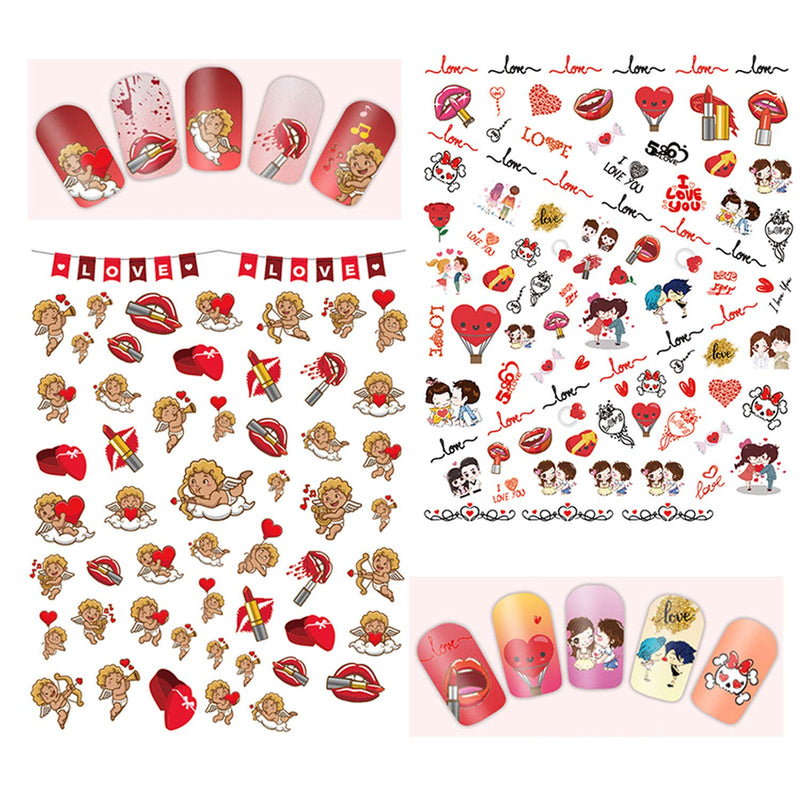 Valentine's Day Nail Art Stickers Red lips Nail Decals 6 Sheet Cupid Water Transfer Nail Supplies Love Heart Beer Rose Ring Pattern Designs Decoration for Women Cool Girls Holiday Acrylic Accessories - BeesActive Australia