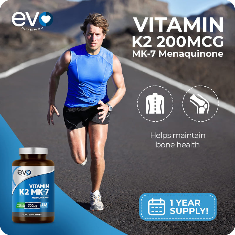 EVO NUTRITION Vitamin K2 MK-7 200mcg | 365 Vegetarian and Vegan Tablets (not Capsules) | 1-A-DAY | Supports Maintenance of Normal Bones | One Years Supply of High Strength Vitamin K2 Menaquinone MK7 - BeesActive Australia