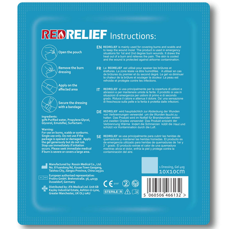 Pack of 5 RedRelief Emergency 10x10cm Burn Dressing - cools, soothes and relieves pain 5 Count (Pack of 1) - BeesActive Australia