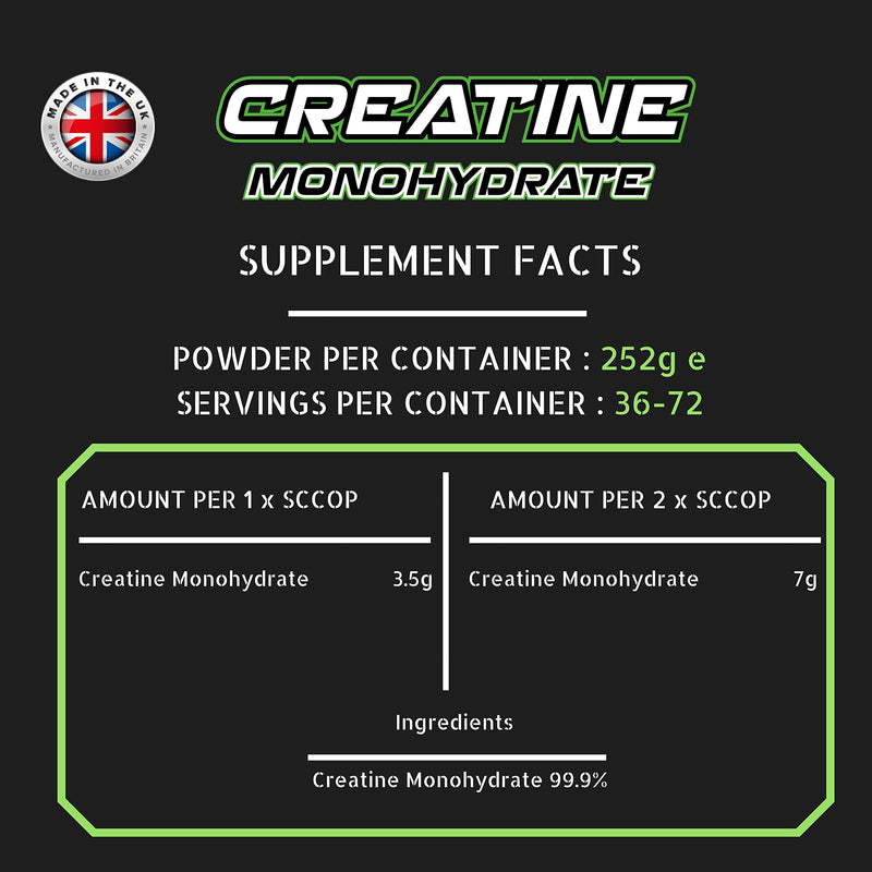 Creatine Monohydrate Powder 252g - Premium Grade Creatine Monohydrate - UK Made - Unflavoured Creatine Powder Scoop Included - BeesActive Australia