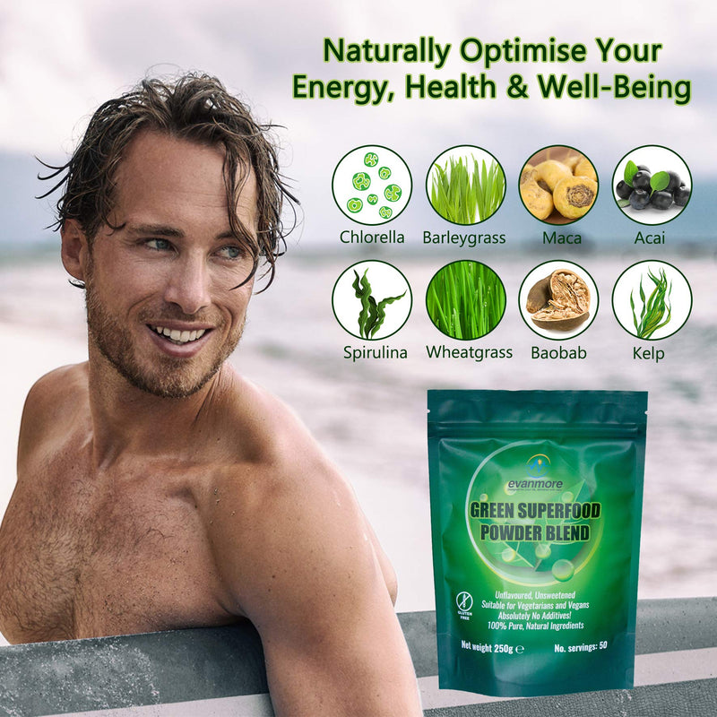 Super Greens Powder Blend - Vitamin Mineral Nutrient Rich - Immune System & Energy Boost - Vegan Vegetarian Superfoods Supplement Alkaline 100% Natural Gluten Free Detox- 250g 50 Servings, Evanmore - BeesActive Australia